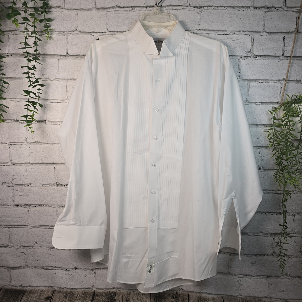 LORD WEST TUXEDO BUTTON DOWN SHIRT WHITE FRONT VERTICAL PLEATS MENS LARGE EUC